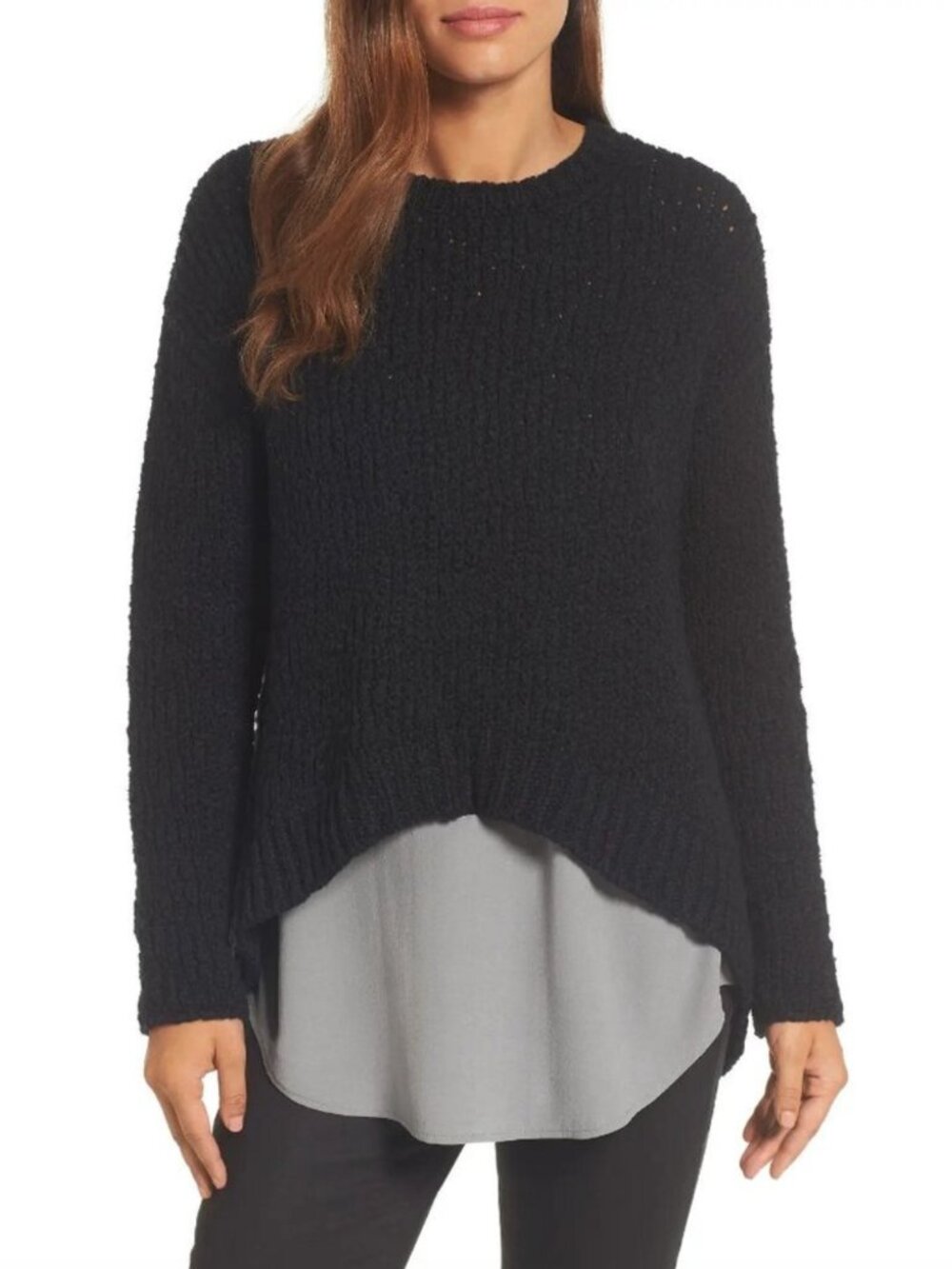 Eileen Fisher Organic Cotton High Low Knit Pullover Crew Neck Sweater Black, S/P